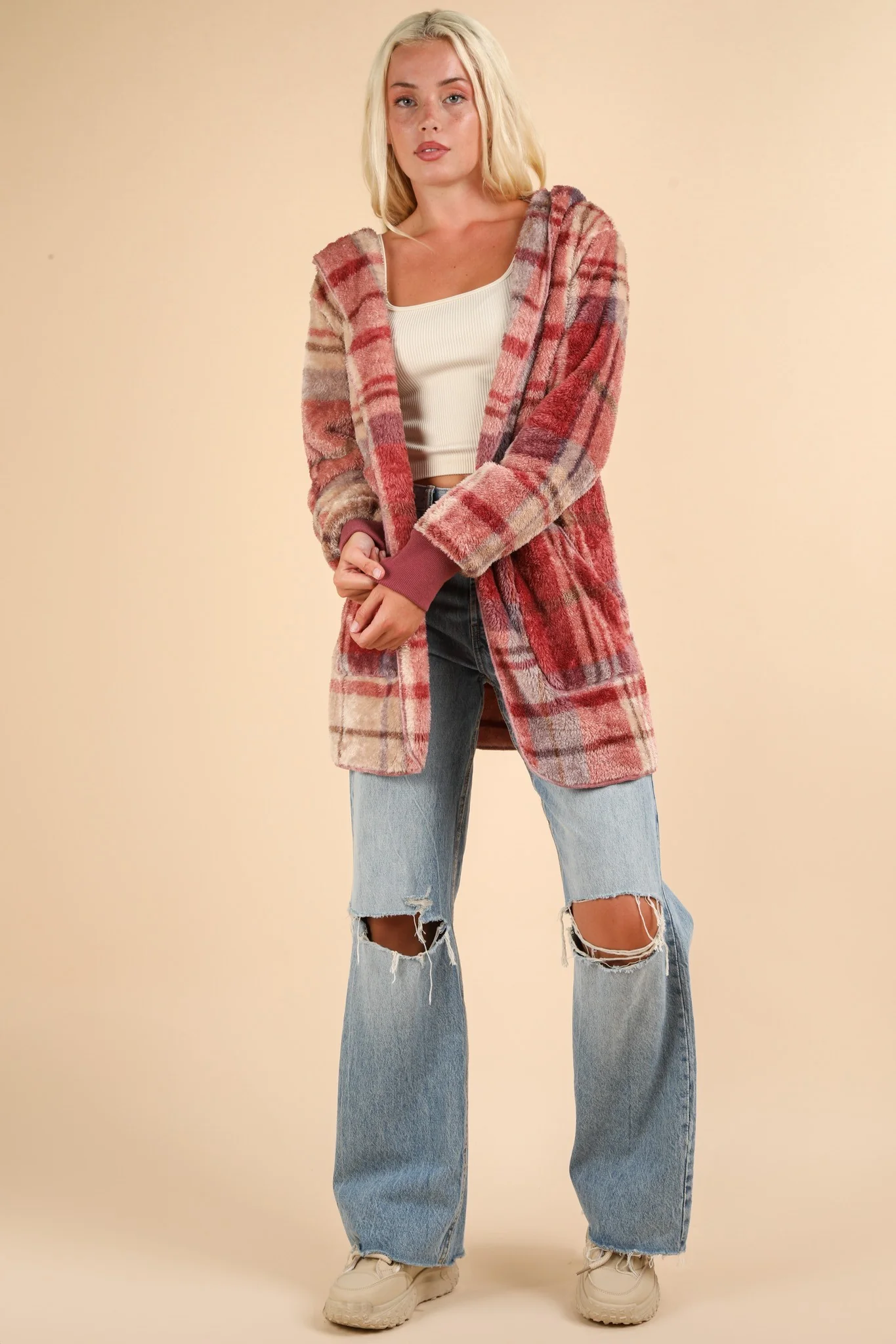 VERY J Fuzzy Plaid Long Sleeve Hooded Jacket - Image 4