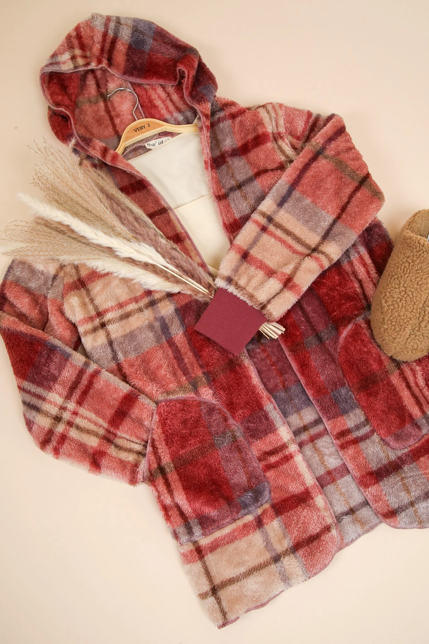 VERY J Fuzzy Plaid Long Sleeve Hooded Jacket - Image 5