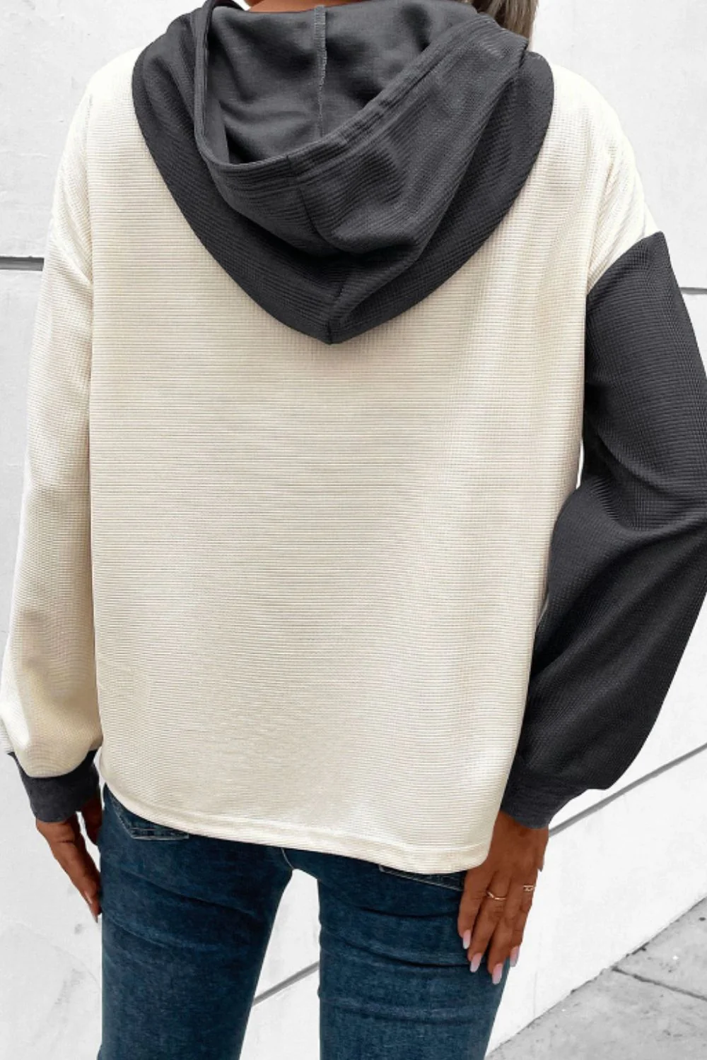 Waffle-Knit Two-Tone Long Sleeve Hoodie - Image 3