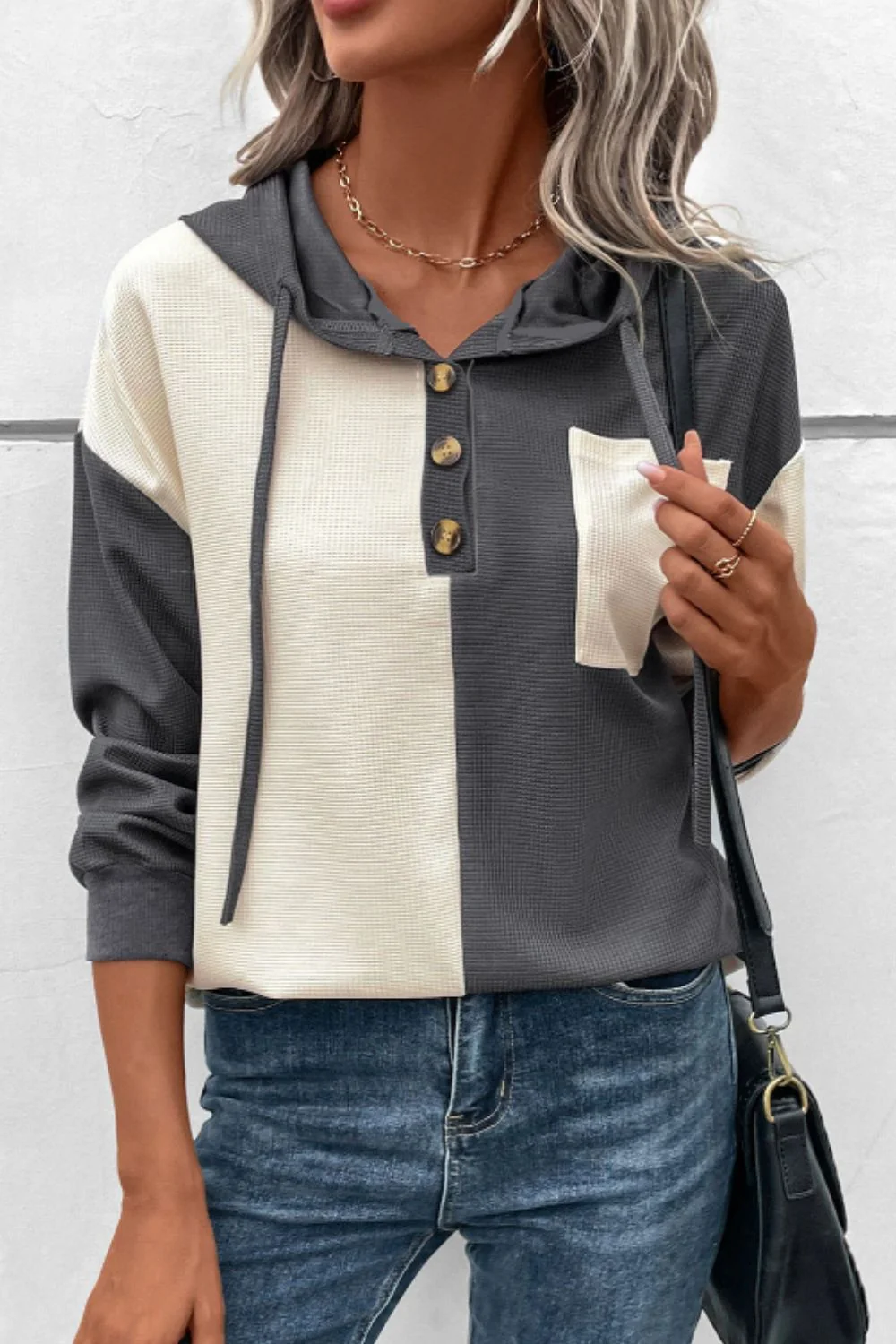 Waffle-Knit Two-Tone Long Sleeve Hoodie - Image 4