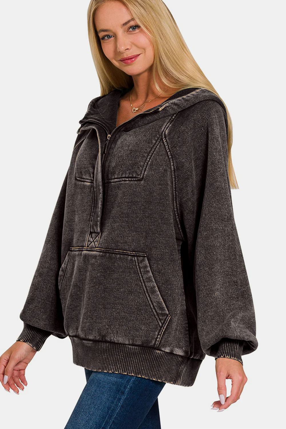 Zenana Acid Wash Fleece Kangaroo Hoodie - Image 3