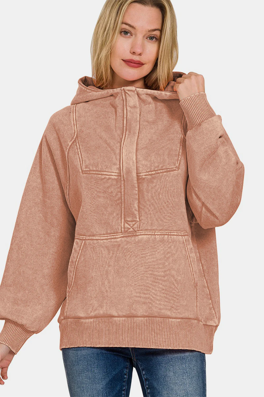 Zenana Acid Wash Fleece Kangaroo Hoodie - Image 3