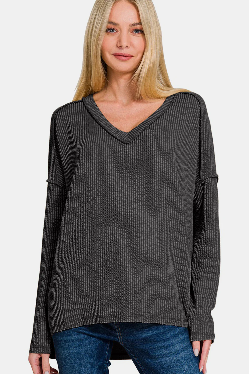 Zenana Texture Exposed Seam V-Neck Long Sleeve T-Shirt - Image 3
